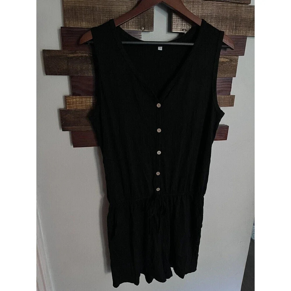 Women’s Romper Black Large Soft Stretch Casual Comfort Pocket Rayon Blend